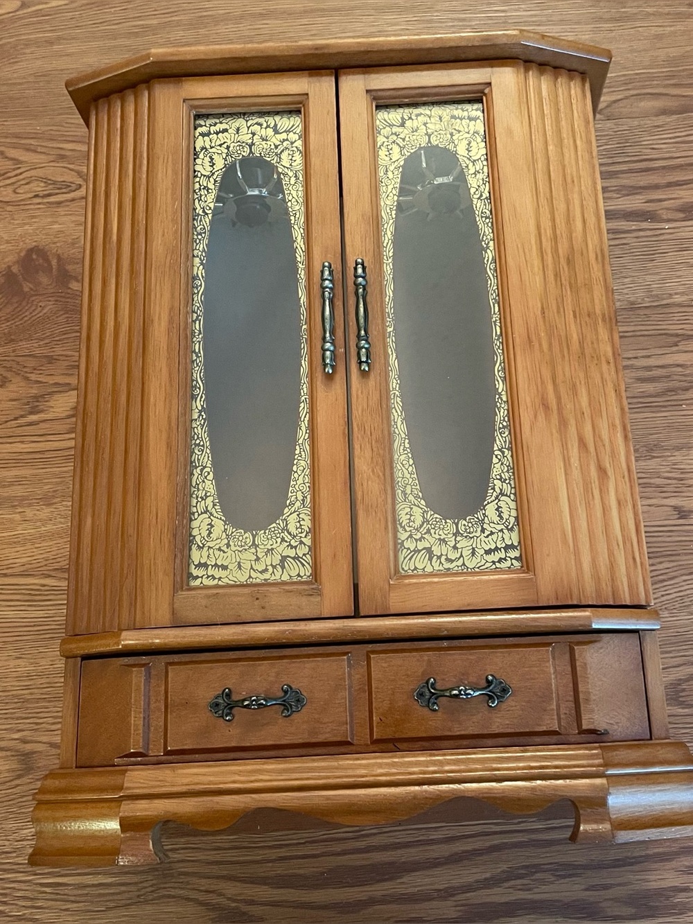 Vintage Large Wood Armoire Style Jewelry Box Gold Etched Glass Doors 17”